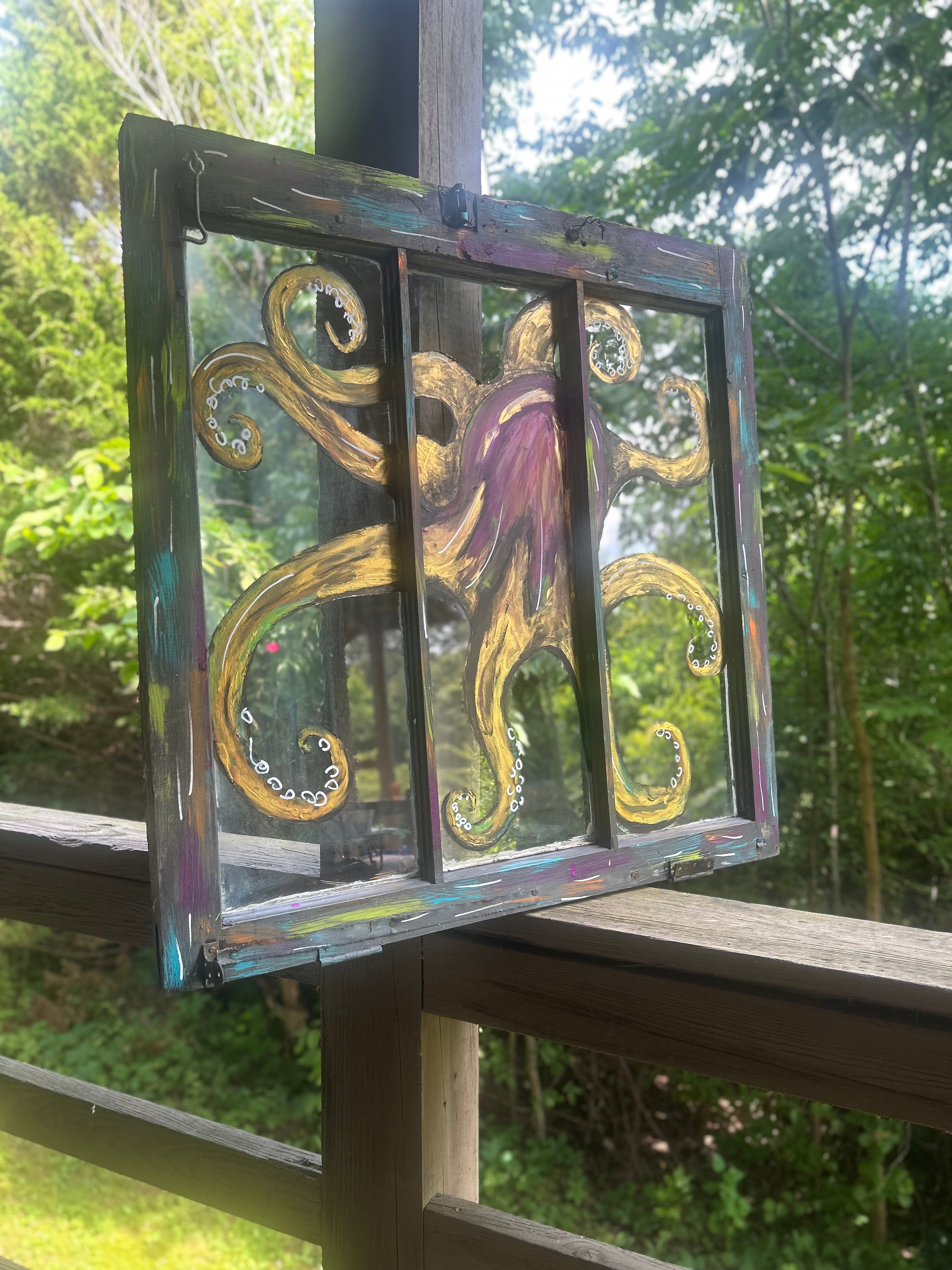 Kraken’s Window- Hand-Painted Reclaimed Window Art