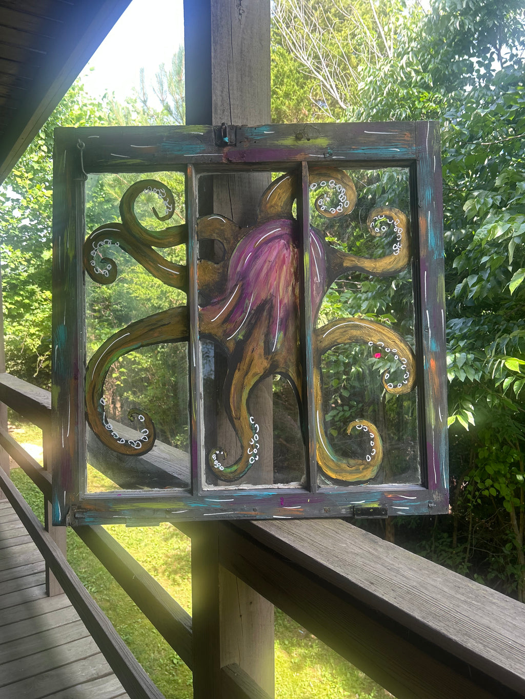 Kraken’s Window- Hand-Painted Reclaimed Window Art