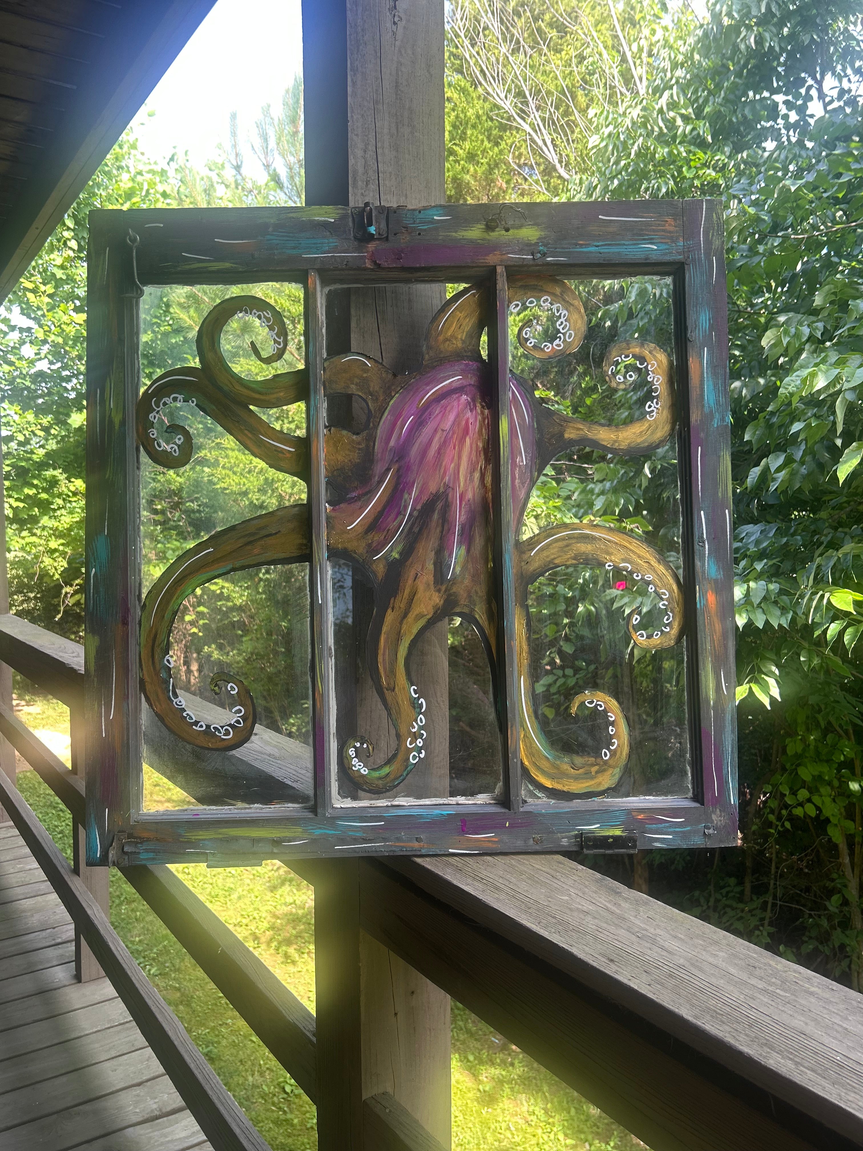 Kraken’s Window- Hand-Painted Reclaimed Window Art