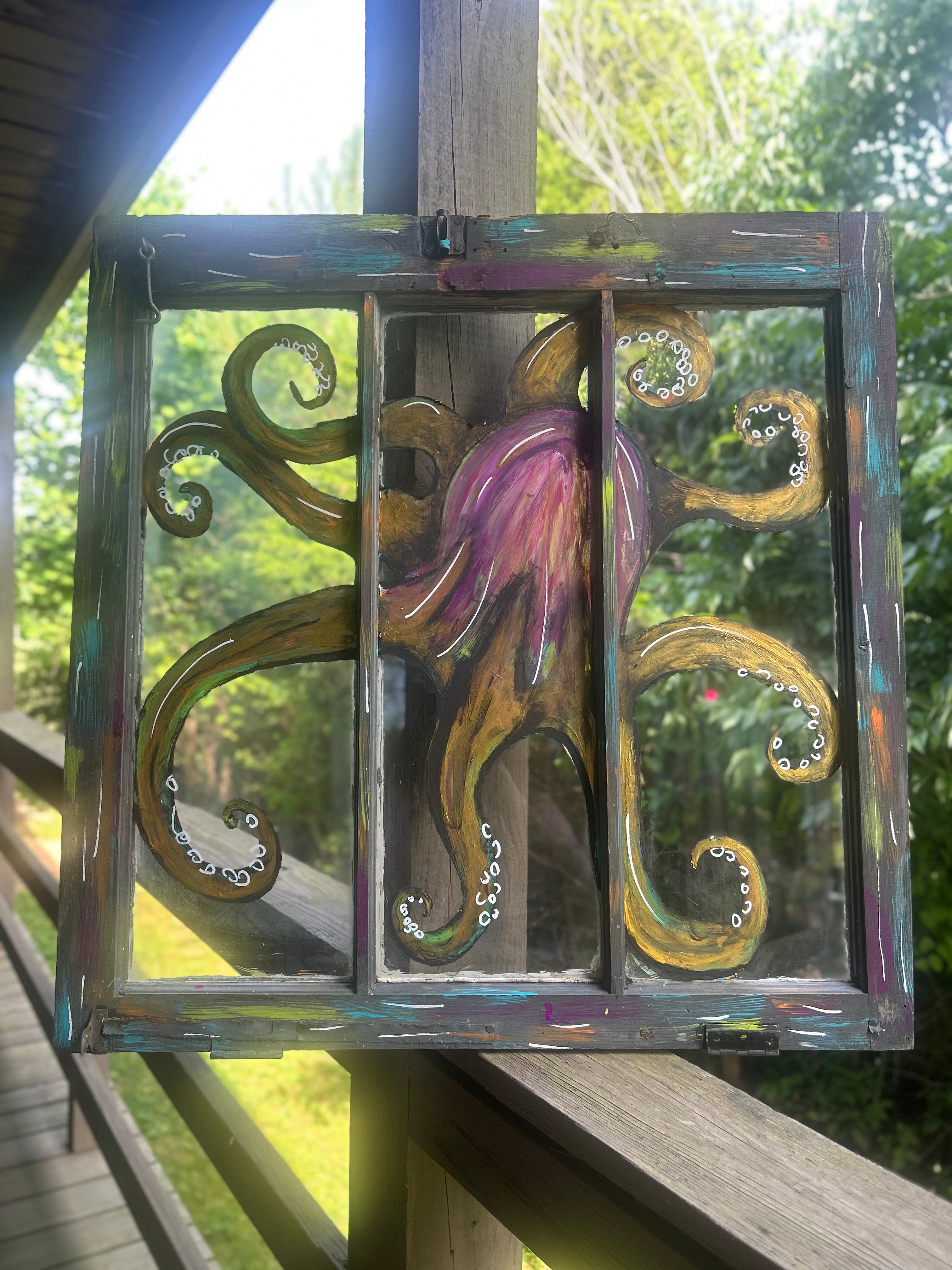 Kraken’s Window- Hand-Painted Reclaimed Window Art