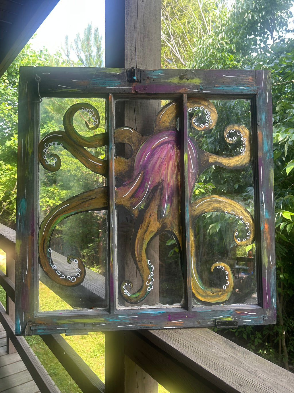Kraken’s Window- Hand-Painted Reclaimed Window Art